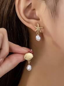 1 Pair Of Women's Starfish Pearl Earrings, Gold Shell Starfish Earring, Thick Pendant Earrings, Suitable For Summer Beach Swing Jewelry. Women's Starfish Pearl Earrings, Gold Shell Starfish Earring, Thick Pendant Earrings, Suitable For Summer Beach Swing Jewelry - Vàng - Xem 5