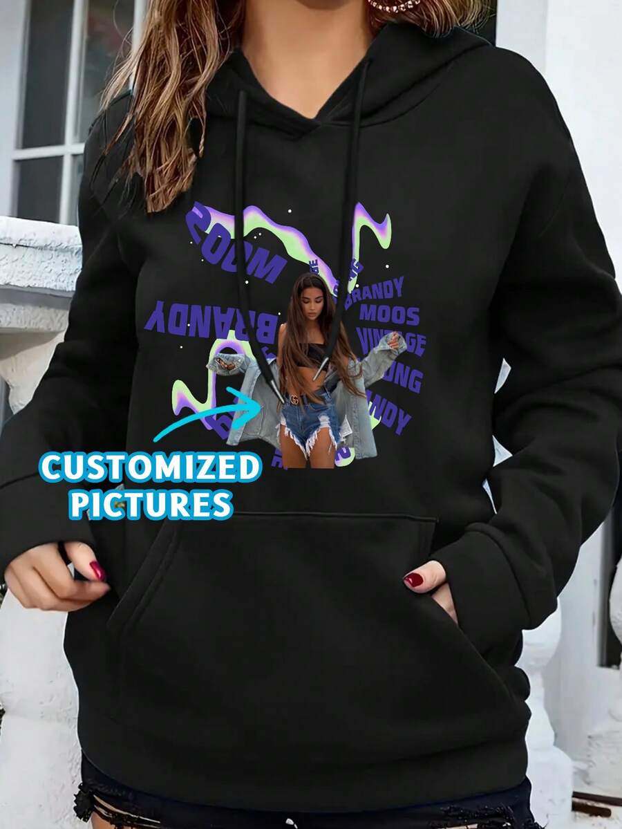 Women's Custom Comfort Hooded Sweatshirts - Add Your Photos (Badge Pattern/Couple Photo/Family Photo/Selfie/Pet), Y2K Style Magic Distorted Background, Automatically Remove The Background Of The Picture, Design Your Own Personalized Printed Sweatshirt As A Gift For Your Girlfriend, Couple Dating Tops, Etc., Suitable For Anniversaries, Valentine's Day, Mother's Day, Birthdays, Holidays, Etc. Comfortable And Casual, Custom Couple Sweatshirts, Women's Tops, Custom Pattern Tops, Women's Hooded Sweatshirts, Halloween Gifts, Unique Gifts, Thoughtful Gifts - màu đen - Xem 1