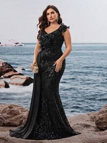 Vestido de noche de lentejuelas con volantes de sirena formal de BluePlum, vestido de fiesta elegante de longitud hasta el piso con cuello en V para damas, vestido de gala vintage con bordados y parches brillantes, vestido de boda modesto y elegante sin mangas para invitados