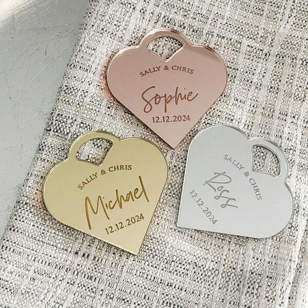 Segnaposto per matrimonio con incisione a forma di cuore, decorazione per matrimonio personalizzata, segnaposto per gli ospiti, colori oro, argento, oro rosa, segnaposto di lusso