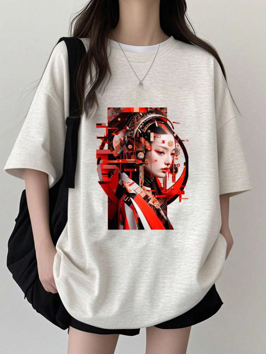 [Free Shipping] 100% Cotton Comfortable Breathable Summer Cyberpunk Geisha Art Print Loose T-Shirt - 灰色 - 查看 1