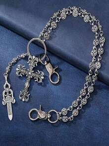 交叉裤链，带龙虾扣吊坠的腰链，钱包链，复古链，双层链，嘻哈朋克风，牛仔裤链，口袋链，男士钥匙链，多元素裤链 - 古銀色 - 查看 3