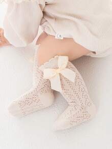 1 Pair Children's Beige Cute Bow Mesh Socks, Versatile Lace Socks For Back To School Season - Beige - View 5
