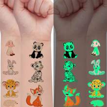 5Sheets Glow-In-The-Dark Tattoo Stickers, Glow-In-The-Dark Series, 68 Cute And Fun Cartoon Style Panda Rabbit Tiger Lion Rhino Crocodile Giraffe Patterns, Waterproof And Long-Lasting 2-5 Days, Body Arm Art Makeup Fake Tattoos, Suitable As Birthday Party Gifts