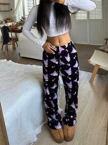 SANRIO Quần pajama vải flannel màu tím, in hình hoạt hình khắp quần, ống rộng, dáng suông, có dây rút, ấm áp, phong cách thường ngày dành cho bé gái, ngọt ngào và cá tính, phù hợp mặc trong nhà và ngoài trời, mùa thu/đông. - màu đen - Xem 7