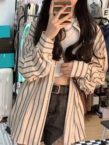 女士休闲时尚宽松条纹长袖衬衫，适合春秋季节 - 杏色 - 查看 3