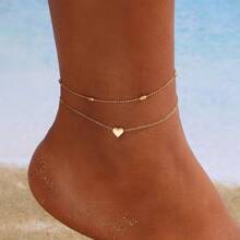 1pc Fashionable European & American Style Minimalist Beaded Heart Layered Anklet For Girl, Versatile Summer Accessory, New Creative Vintage Simplistic Double-Layer Heart Anklet