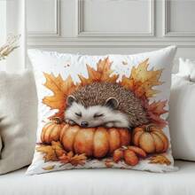 1pc Autumn Hedgehog Sleeping On Pumpkin Decorative Pillow Cover, Single-Sided Printed Peach Velvet, 45*45CM/18*18inch, Suitable For Room Decor, Modern Minimalist Sofa Living Room Decor Gift