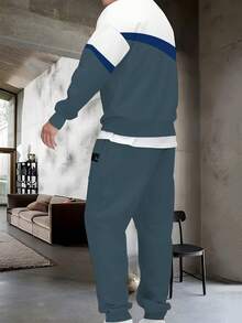 Conjunto de sudadera y pantalones de hombre con estampado de graffiti negro y parches, sudadera minimalista personalizada de cuello redondo, adecuado para correr al aire libre, ejercicio, entretenimiento, cena, versátil sudadera de cuello de tripulación para hombre, ropa de otoño