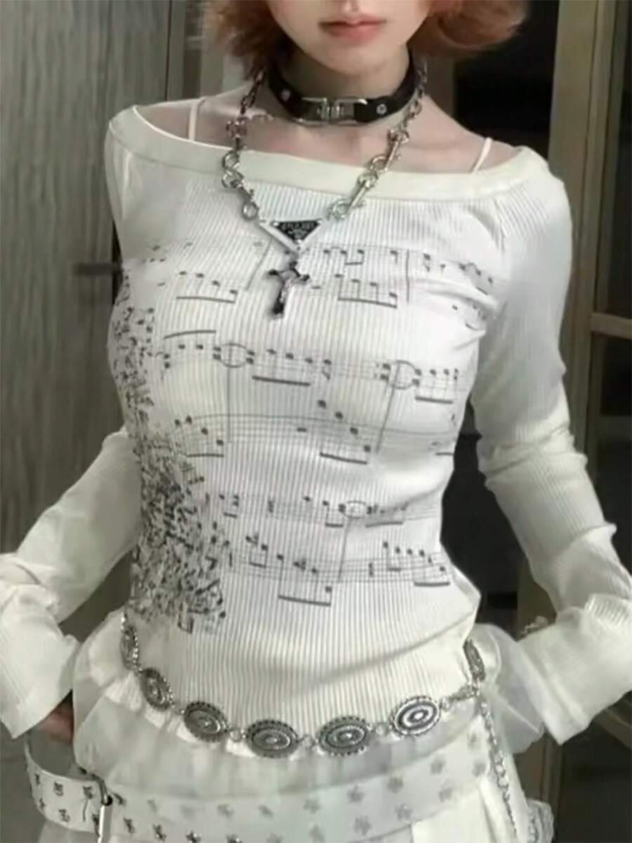 Women's Note Printed Cute Top, Long Sleeved Round Neck Ruffle Hem Fake Two Casual Tops - 白色 - 查看 1