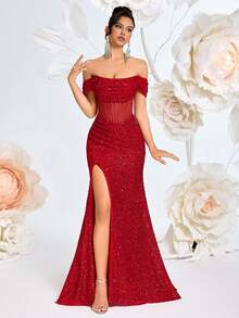 ADYCE 女士露肩亮片长款正式礼服，透视美人鱼高腰开衩露背系带鸡尾酒会晚礼服，新年礼服 - 紅色 - 查看 6
