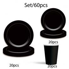60pcs/Set Black Disposable Party Tableware Set, Including Black Disposable Paper Plates, Dessert Plates, Cups, Ideal For Christmas, New Year, Birthday, Valentine's Day Parties - Black - View 15