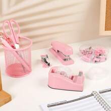 Juego de papelería rosa, accesorios de escritorio rosa, juego de grapadora y dispensador de cinta con regla transparente, tijeras rosas, dispensador de cinta, sacagrapas rosa, grapas, clips, útiles escolares y de oficina