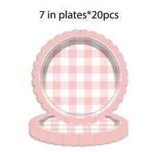 60 件/套粉色格子图案一次性派对餐具套装，包括纸盘、杯子和甜点盘，适用于生日派对、婚礼、家庭聚会、圣诞节、新年和情人节派对促销 - 彩色 - 查看 3