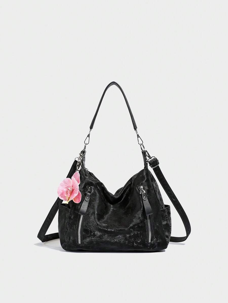 Merlard 复古 2025 纹理大容量时尚百搭单肩包、高端沙滩包、托特包、购物袋、大包、小众纹理手提包、拉链双肩带斜挎包 - 黑色 - 查看 1