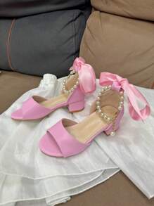 Sandalias de niña con cadena de perlas y lazo, estilo básico y elegante para niñas pequeñas en verano