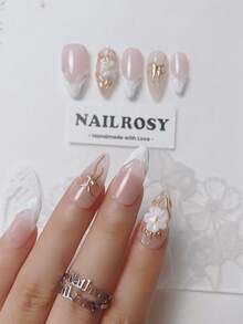 nailrosy 10片手工穿戴式假指甲組，杏仁形，粉色與銀色蝴蝶珍珠貓眼，優雅極簡老錢風，現代清新韓日風，簡約法式中性經典創意亮面閃粉漸層假指甲組 - 粉色 - 查看 3