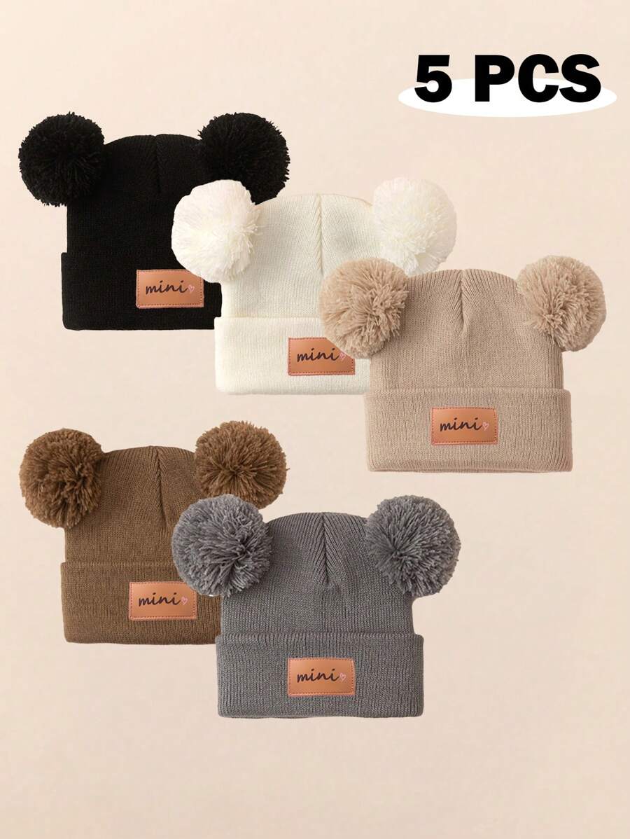 5PS 婴儿绒球针织新生儿帽子冬春季儿童无檐帽女童男童婴幼儿配饰儿童帽子弹力0-8岁幼儿女孩男孩帽子冬季保暖帽 - 彩色 - 查看 1