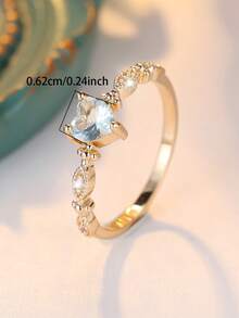 خاتم مطلي بالذهب بشكل قلب من الزركونيا الاصطناعية اللون الأزرق الفاتح، للاستخدام في عيد الحب وحفلات المناسبات والارتداء اليومي، إكسسوار لامع - أزرق فاتح - مشاهدة 4