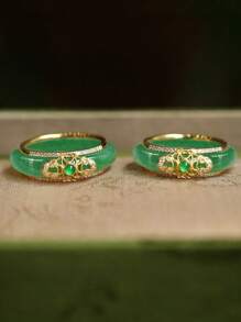 1pc Chinese Style Green Jade Inlaid Metal & Zirconia Ring, Fashionable High-End 18K Gold Band, Luxury & Versatile Gift For Women - Multicolor - View 2