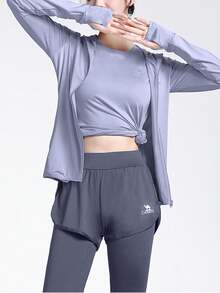 CAMEL CROWN Conjunto de yoga para mujer con protección solar, ropa de moda para fitness, transpirable, de ocio y entrenamiento, traje de 5 piezas - Azul cielo azul náutico - Ver 3