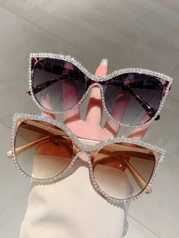 1 Pair Women's Plus Size Cat Eye Full Frame Fashion With Rhinestone Decor, Gradient Lens, Green Frame, Multi-Color Design, Luxury Jelly Color Handmade Decorated Glasses Cat Eye Shape Shades