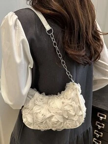 时尚链条肩带单肩包，金属链条肩带，花卉图案休闲手提包，女士斜挎包优雅玫瑰花朵图案晚宴手拿包，女士派对钱包可爱甜美女孩挎包纯色水桶包新娘手提包