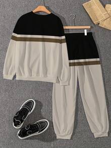 2pcs Men's Casual Striped Print Sweatshirt And Sweatpants Set, "MILANO" Letter Print Polyester Tracksuit - Multicolor - View 3