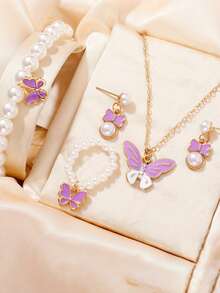 5 件套首饰套装，可爱蝴蝶吊坠项链、耳环、手链，适合少女，返校礼物，送给最好的朋友，金项链 - 彩色 - 查看 4