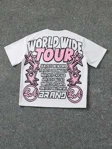 Men's Letter & Star Graphic Loose Round Neck Short Sleeve T-Shirt, World Tour T-Shirt-Premium Cotton Graphic Printed Round Neck T-Shirts - 白色 - 查看 2