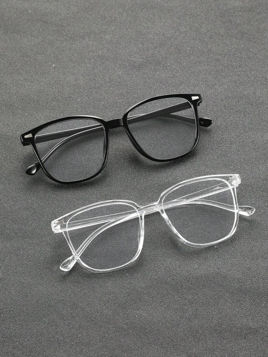 2pcs Classic Plastic Black Transparent Geometric Full Frame Anti-Blue Light Men Clear Glasses For Office Daily Life Play Games Watch TV Office Outfit Suitable For All Face Shapes - 2pcs 黑透明白平組合 - 查看 1
