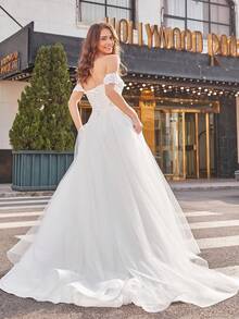 Elasola Elegantes vestidos de noche de encaje con cuello en V y abertura lateral para mujeres, vestidos de graduación de sirena brillante de encaje largo para bodas - Beis - Ver 7