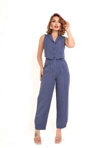 Women's Two-Piece Set With Striped Vest And Pants - Blue and White - View 2