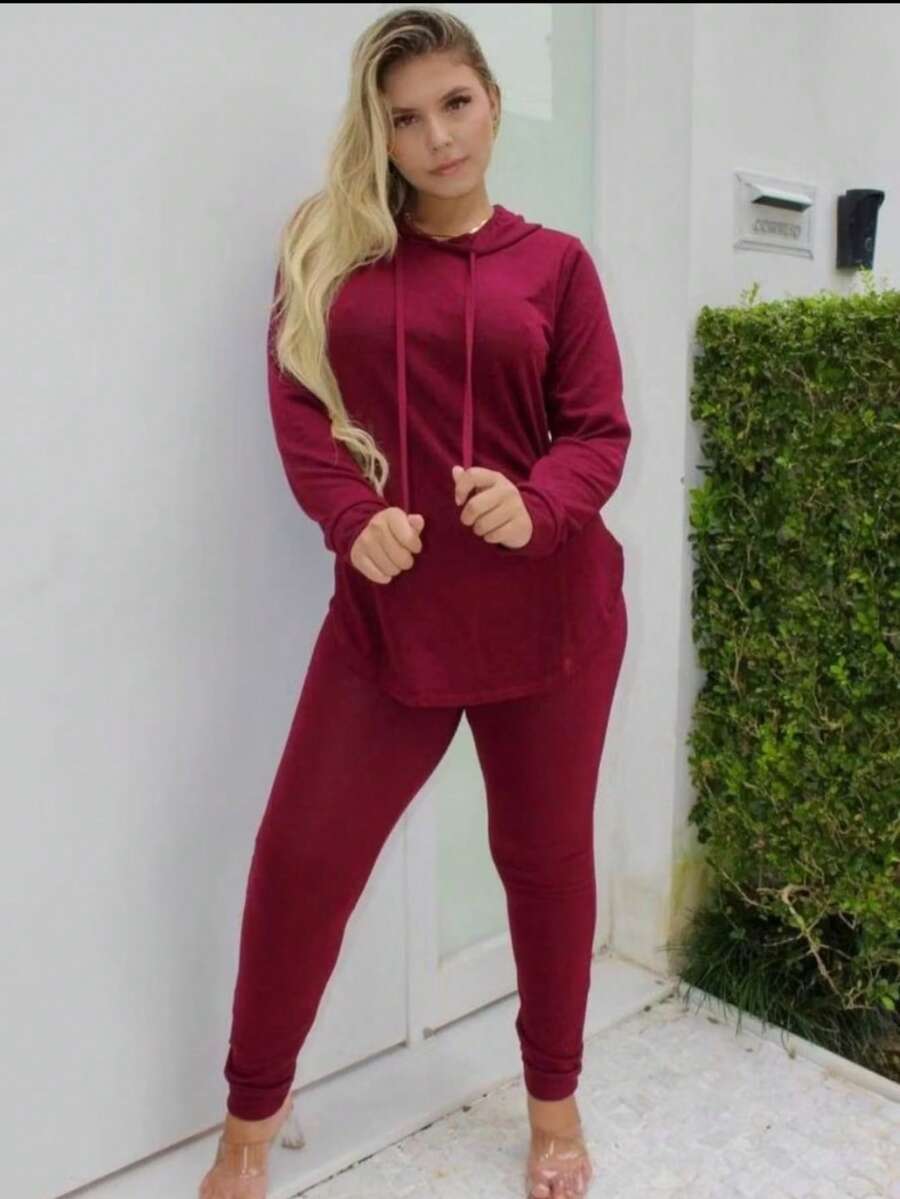 Women's Lanzinha Set, Blouse And Pants, Simple Casual, Knitted Fabric, Pocket, , Home, Night, Street - 紅色 - 查看 1