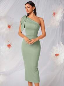 Elisanya One Shoulder Bowknot High Waist Backless Split Party Dress - Green - View 7