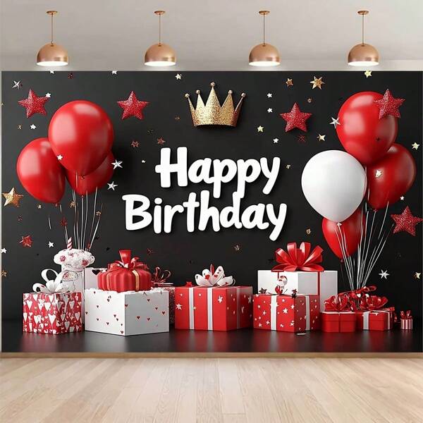 2D 1pc Fotografie Achtergrond Banner - Happy Birthday - Rood Wit Gouden Ballon Cadeaudoos - 2D Platte Thema Achtergrond - Kamer & Studio Prop Decor - Geschikt voor Thuisfeest, Workshop en Buitenviering Multifunctionele Home Decor Banner