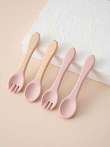 PopLittleOne 4 pezzi Cucchiai e forchette in silicone per bambini, utensili morbidi per bambini con manico in legno, accessori per l'alimentazione del bambino, articoli per bambini, accessori per l'alimentazione del bambino di colore solido