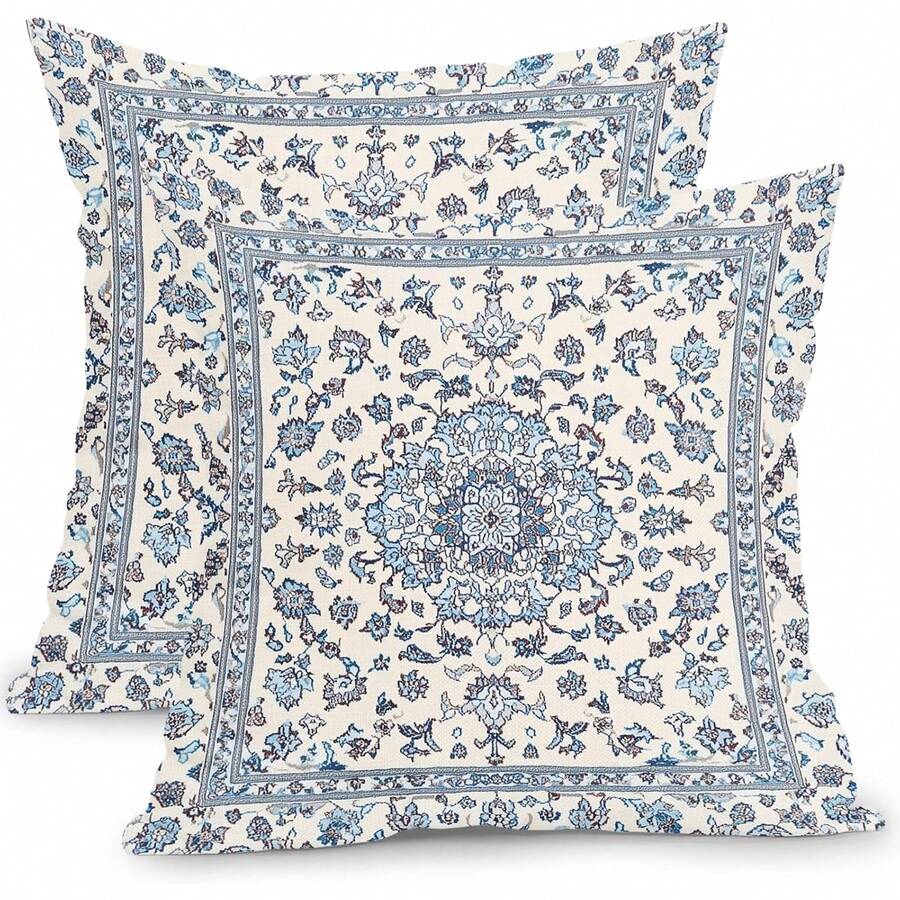 2件装中式枕套，蓝白波西米亚风户外靠垫套，蓝色波西米亚风枕套，沙发床家居户外装饰，单面设计，不含枕芯 - 藍白色 - 查看 1