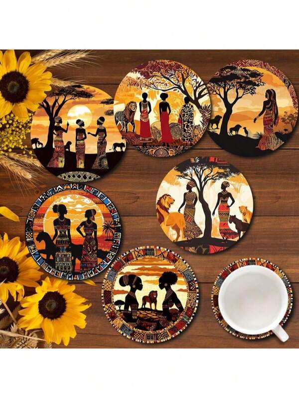 6 paquets de dessous de verre en bois africain avec tapis en liège, impression 2D du coucher de soleil de la savane africaine avec silhouette de lionne. Idéal pour la décoration de la maison, du bar et du restaurant, cadeau de Noël