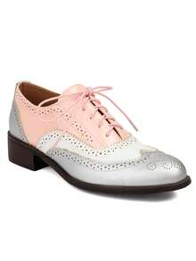 Women's Pointed Toe Lace-Up Brogue Pumps Fashion Mixed Colors Patchwork Block Chunky Heel British Style Flat Oxford Shoes - 粉色 - 查看 7