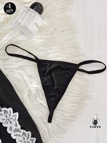 2pcs Plus Size Women Lace Nightgown & G-String Set, Black Lace Spaghetti Strap Sexy Deep V Backless Lingerie Sleepwear With Stretchy G-String