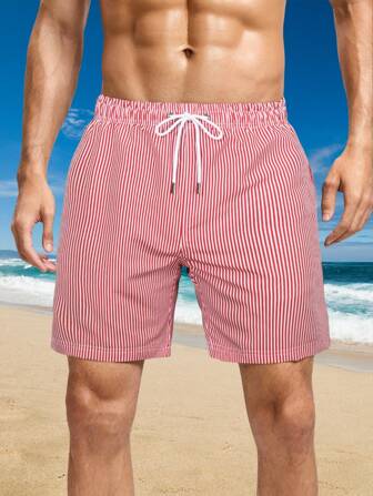 男式竖条纹抽绳腰泳裤