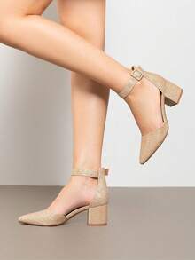 Women's Chunky Closed Toe Low Block Heels Dress Pointed Toe Ankle Strap Wedding Pump Shoes - Vàng lấp lánh - Xem 3