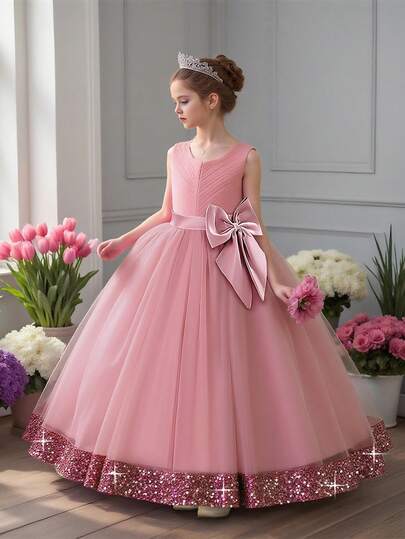 Vestido de fiesta con lentejuelas y lazo de malla para niña preadolescente, adecuado para cena formal, cumpleaños, no incluye diadema