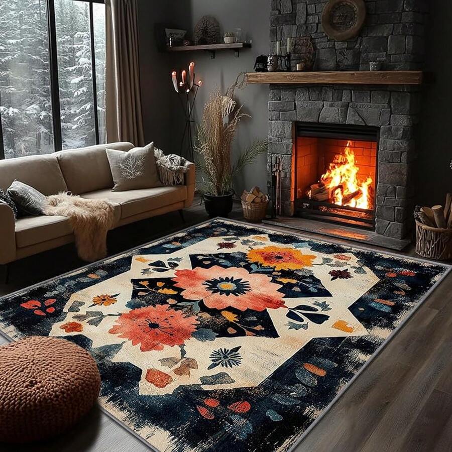3x5 Rugs, 2x3 Rug, Southwestern Rustic Area Rug, Colorful Geometric Door, Washable & Non - Slip Small Carpet, Home Decor - Orange Beige Navy - View 1