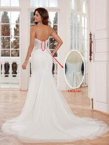 Beige Tulle Lace Applique Fishtial Slip Dress Long Wedding Dress - Beige - View 2