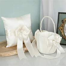 Bộ 1 giỏ hoa và gối đựng nhẫn cho bé gái cầm hoa, giỏ satin màu ngà có nơ, thích hợp cho đám cưới kiểu phương Tây, giỏ hoa để cô dâu và phù dâu tung hoa, trang trí tiệc cưới, tiệc mừng em bé. - trắng - Xem 4