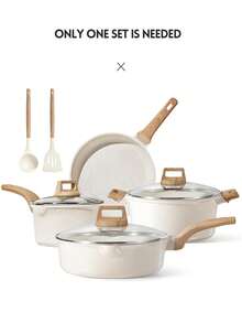 7pcs Cookware Set, Beige, Non-Stick Pots And Pans With Wooden Grain Handles, Cooking Set For Gas & Induction Cooktop, Including Frying Pan And Casserole, Oven Friendly, Stackable Set - Beige - View 2