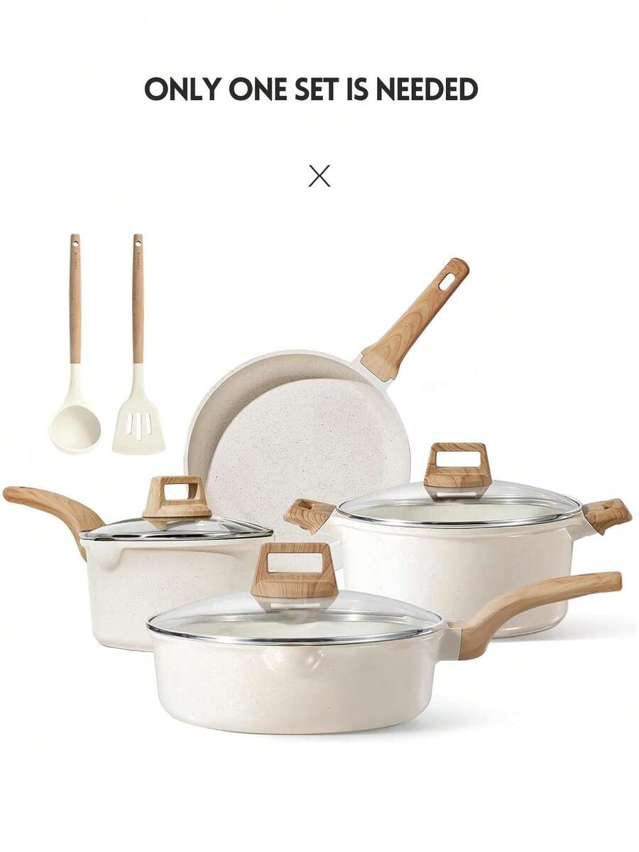 7pcs Cookware Set, Beige, Non-Stick Pots And Pans With Wooden Grain Handles, Cooking Set For Gas & Induction Cooktop, Including Frying Pan And Casserole, Oven Friendly, Stackable Set