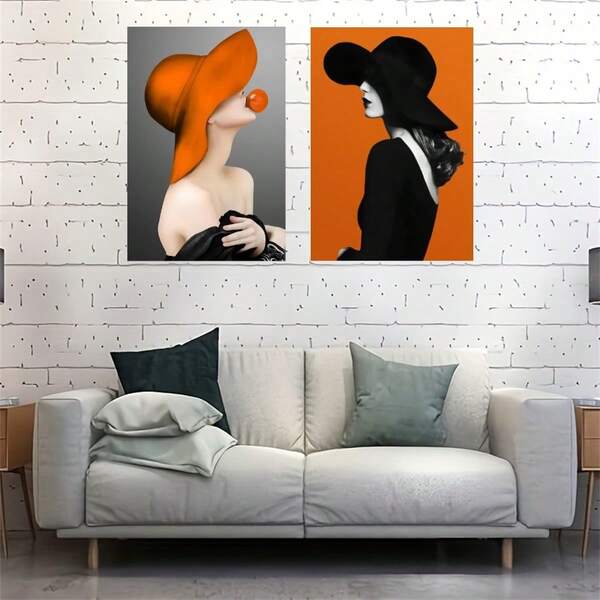 2 PCS Optional Frame Posters Wall Arts Abstract Orange Feather Woman Canvas Art Print - Nordic Modern Fashion Wall Decor For Living Room